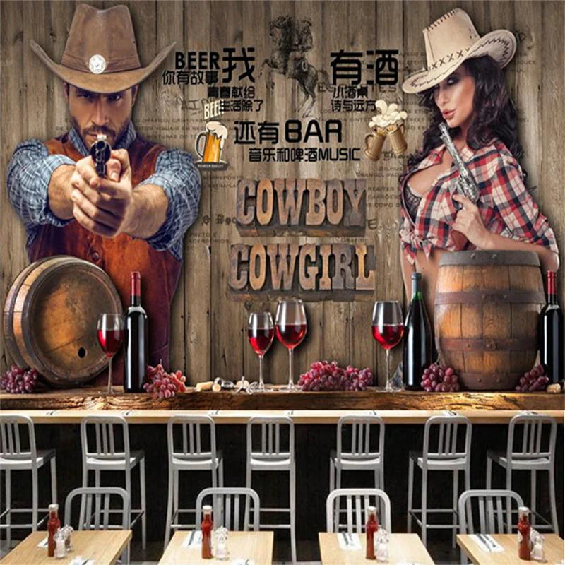 

Custom 3D Vintage Wood Plank Cowboy Beer Wallpaper for Industrial Decor Murals Restaurant Snack Bar Club Background Wall