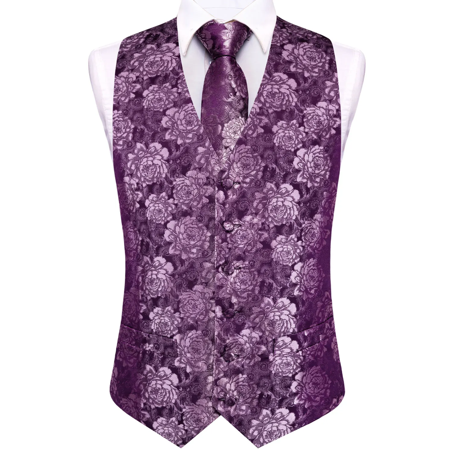Purple Floral Rose Mens Waistcoat 5Pcs Set, Vest Necktie Pocket Square Cufflinks Ring, Formal Suit Accessories for Wedding - view 3