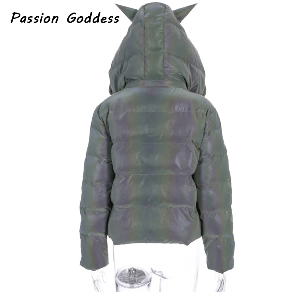 Women Reflective Hooded Parkas Down Bubble Coat Puffle Jackets Cool Bling Luminous Cute Hooded Down Jacket Thick Warm Outcoats