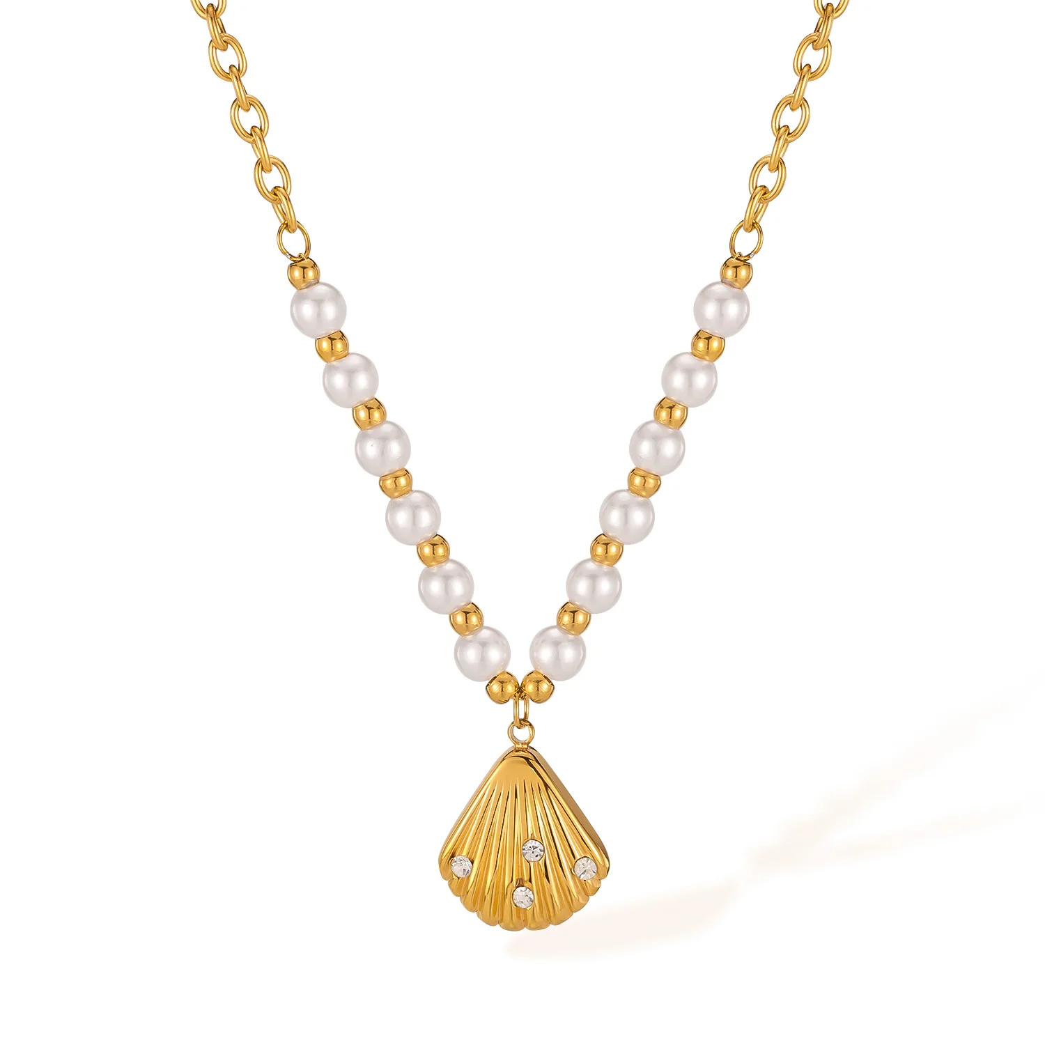 

Vintage Shell & Pearl Stainless Steel Necklace – Elegant French Style Collarbone Chain with Zircon Charm