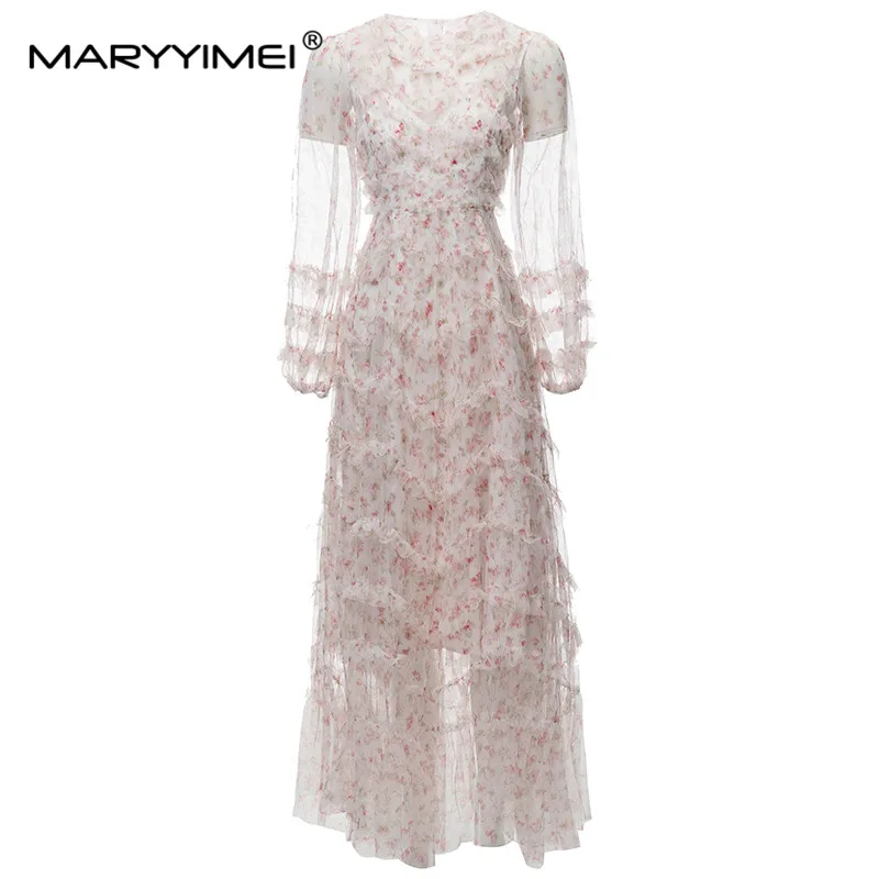 

MARYYIMEI New Fashion Runway Designer Women's Round Neck Lantern Long Sleeve Printed High Street Gauze Sexy Wooden Ear Dress