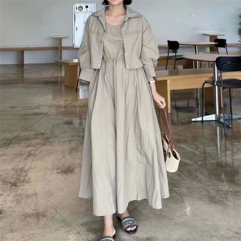 Autumn Vintage 2 Pieces Women\'s Outfit Sets Long Sleeve Single Breated Short Outwear and Tank Long Dress Suits Female 2024 New