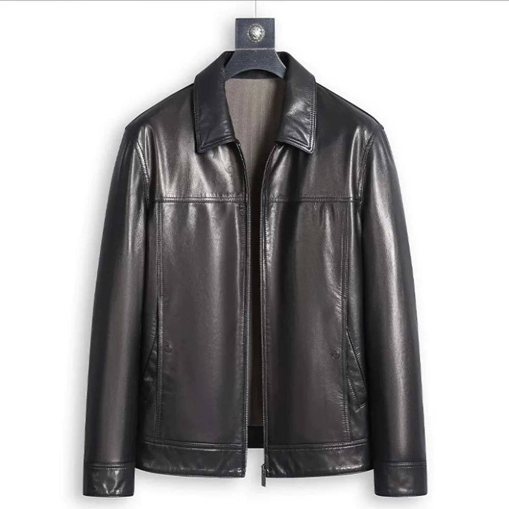 Genuine sheep leather jacket Male goat skin jacket Handsome lapel male biker jacket Casual short style