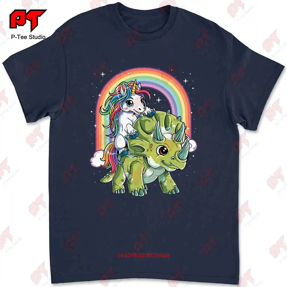 Unicorn Riding Dinosaur Triceratops Rainbow T-shirt JW3K image 2
