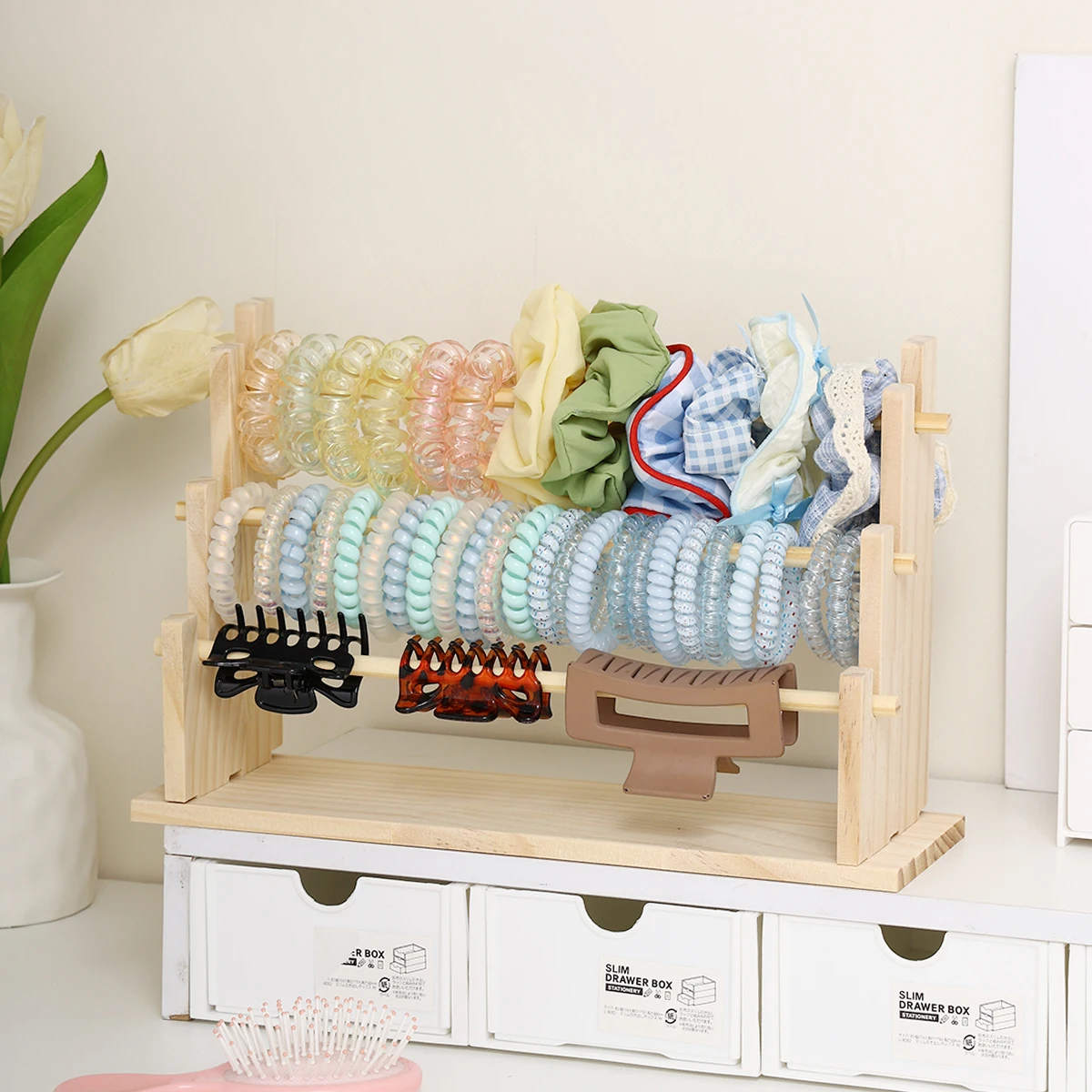 1 قطعة الخشب الصلب 2-Layer/3-layer/4-Layer/5-Layer إكسسوارات الشعر سطح المكتب حامل مجوهرات مناسبة لحبل الشعر ومنظم هوب