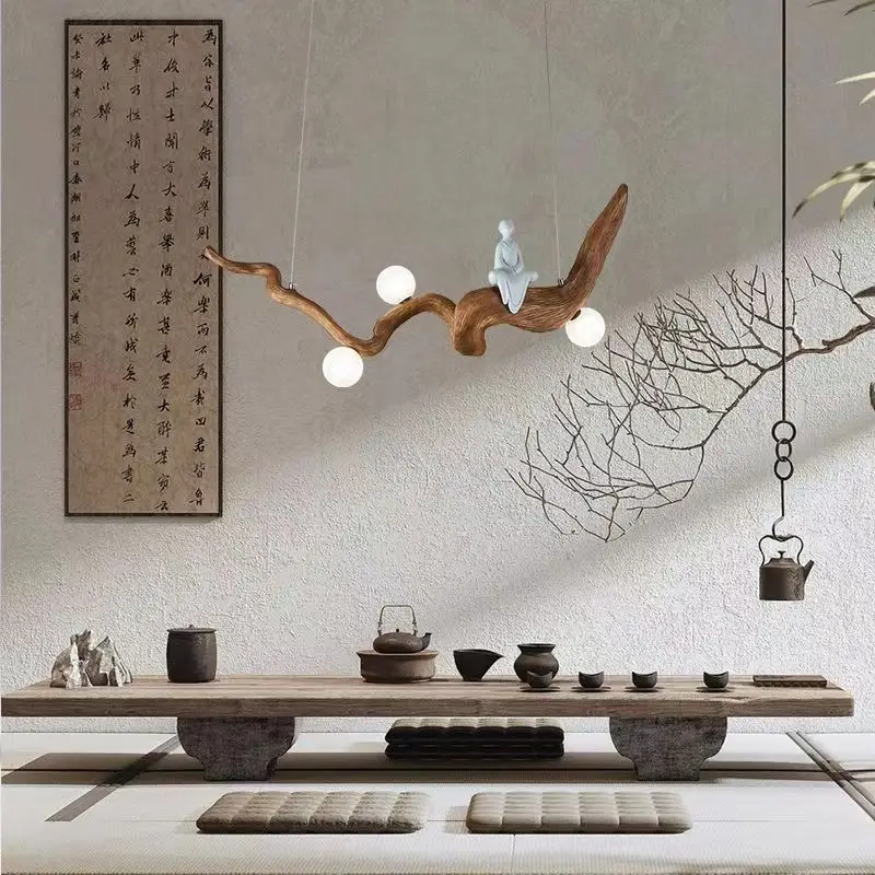 Chinese Style Zen Resin Branches Pendant Lights Tea House Dining Room LED Hanging Lamp Fixtures Indoor Decor Lighting Wood Color