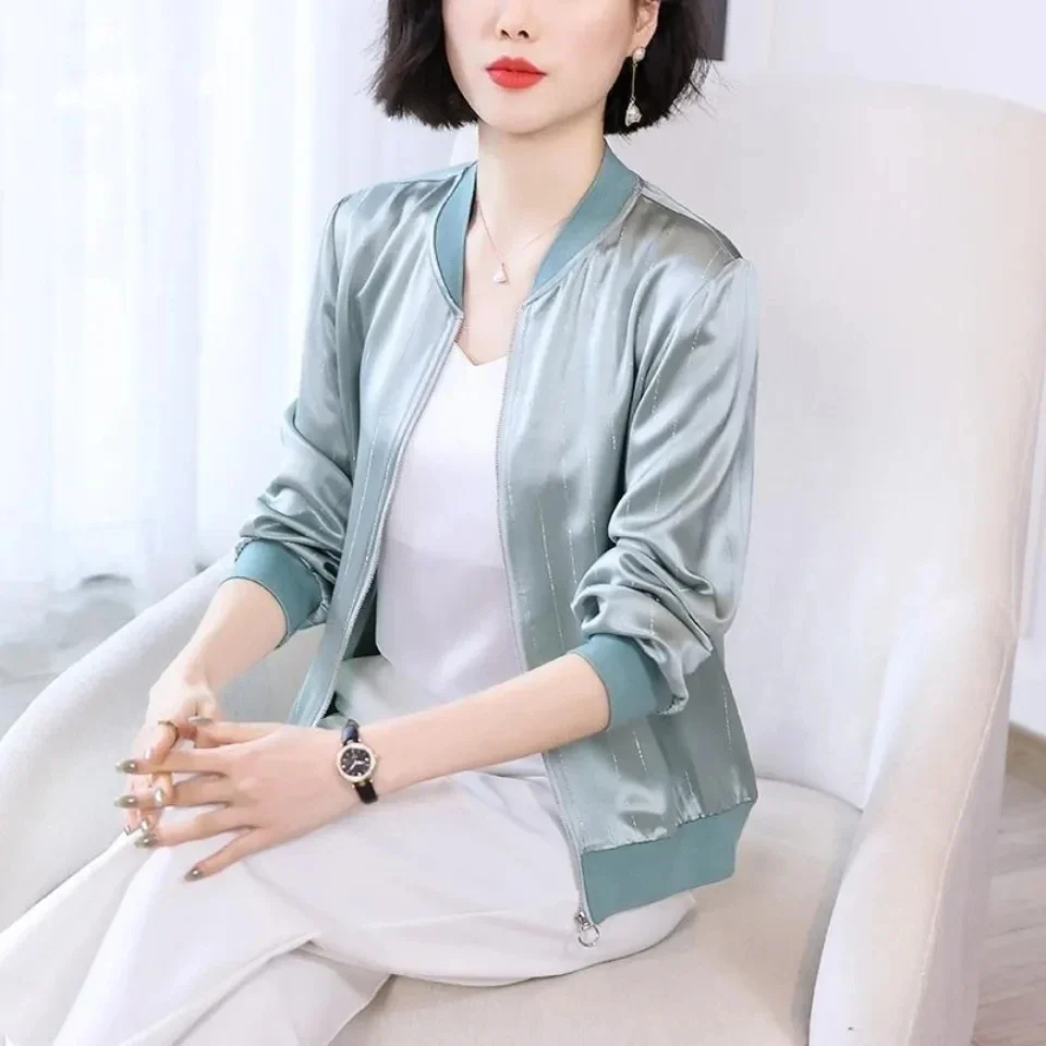 Bomber Jackets Summer Stripe Faux Silk Cropped Chaqueta Casual Long Sleeves Tops Women Korean Fashion Zipper Cardigan E768