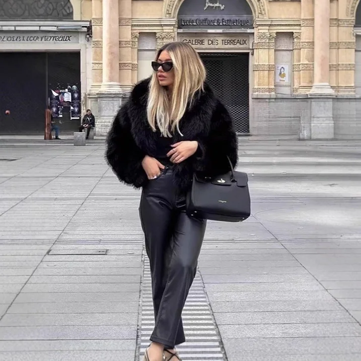 أزياء المرأة الشتاء تقليد الفراء سترة سوداء التلبيب طوق فضفاض سيدة الفراء الاصطناعي أبلى مزاجه الإناث معطف فرو المنك #3