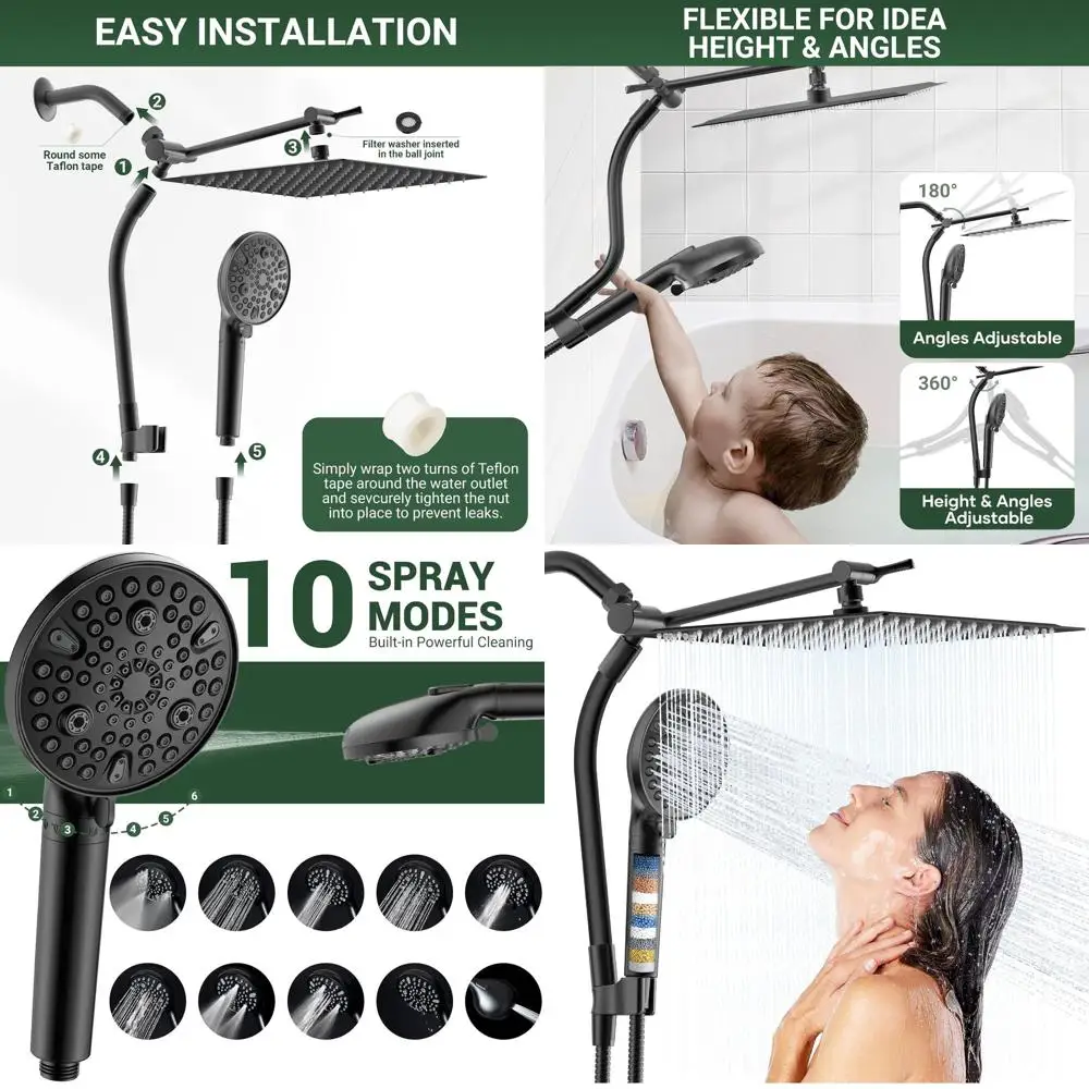 

10-Spray High-Pressure Handheld Shower Combo with Adjustable Bar and 71 Hose - Black