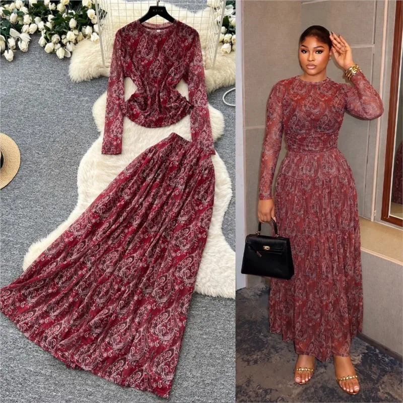 Women Elegant Print Skirt Sets Round Neck Full Sleeve Slim Tops Long Skirts A Line High Waist Autumn Streetwear Two Piece Sets