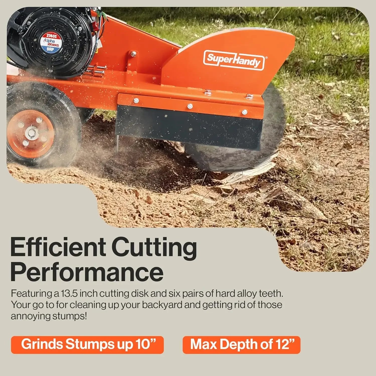 Gas Stump Grinder 9HP Engine - Direct Belt Drive, 12-inch Cutting Performance, 6 Carbide Teeth - Compact & Lightweight