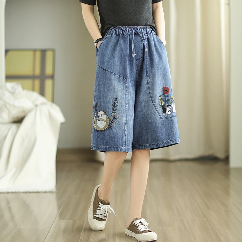 Summer Women Elasticated Waist Lace-up Kitten Embroidered Jeans Spring Summer New Loose Knee Length Denim Wide Leg Pants U222