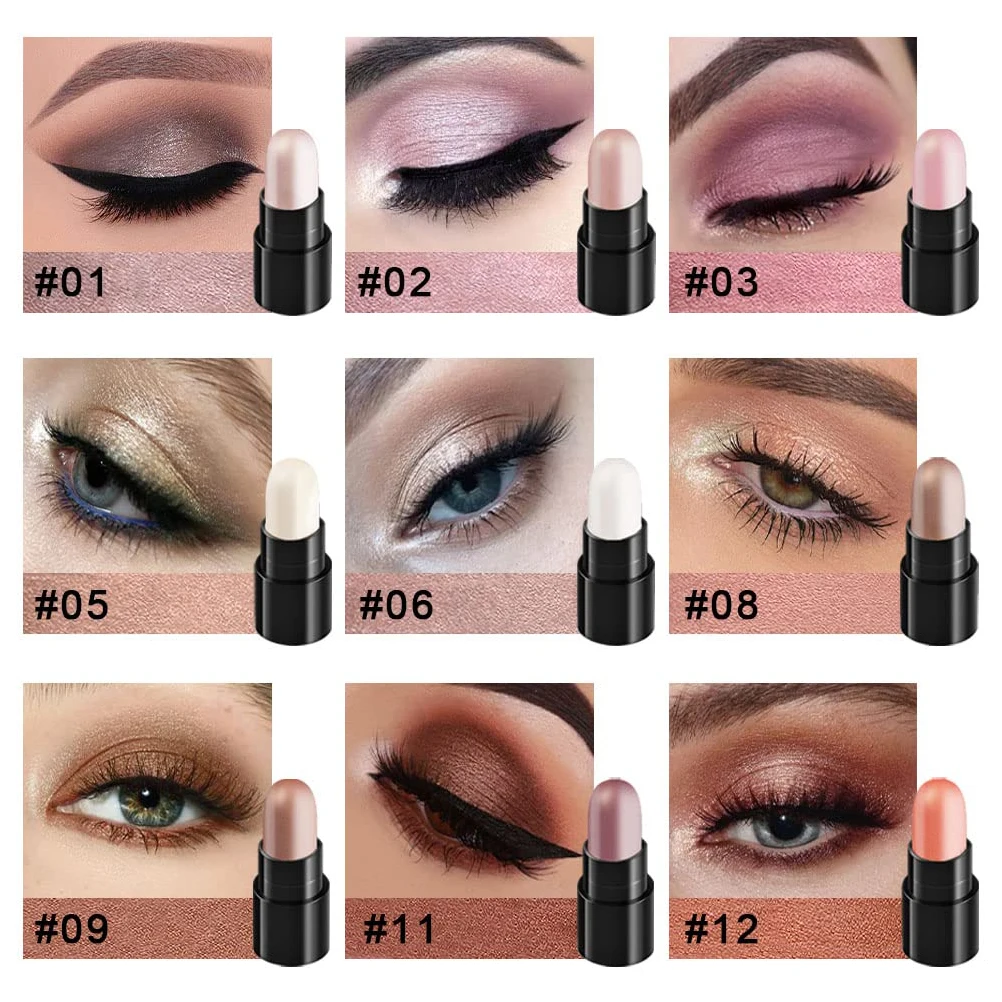 

12 Pcs Eyeshadow Box Creamy Shimmer Matte Brightener Long Wear Waterproof Sweat Proof Eyeshadow Stick Sets Makeup Tools