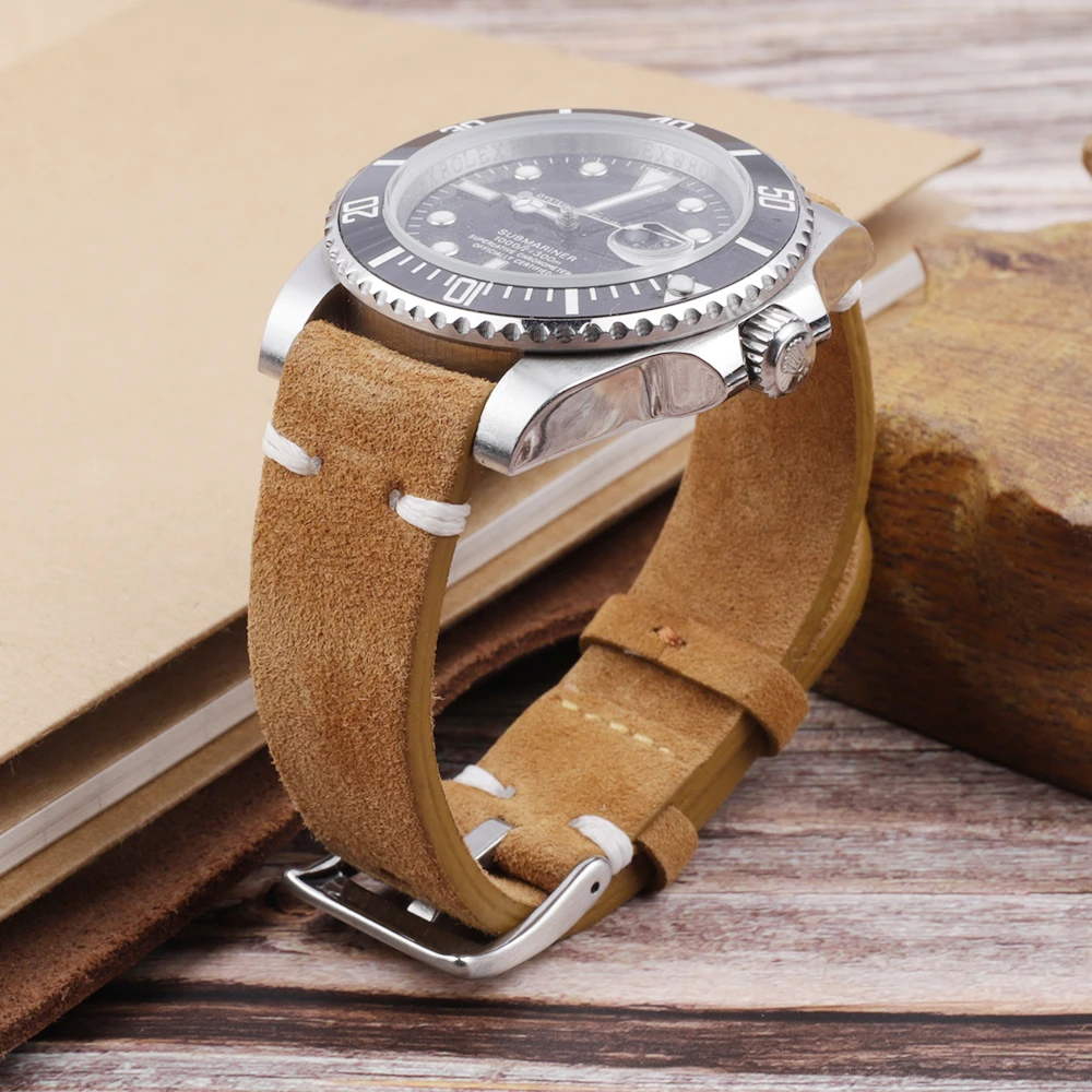 

Suede Leather Strap for Seiko Watch Band Vintage Bracelaet Handmade Stitching Wristband 18 20 22 2027