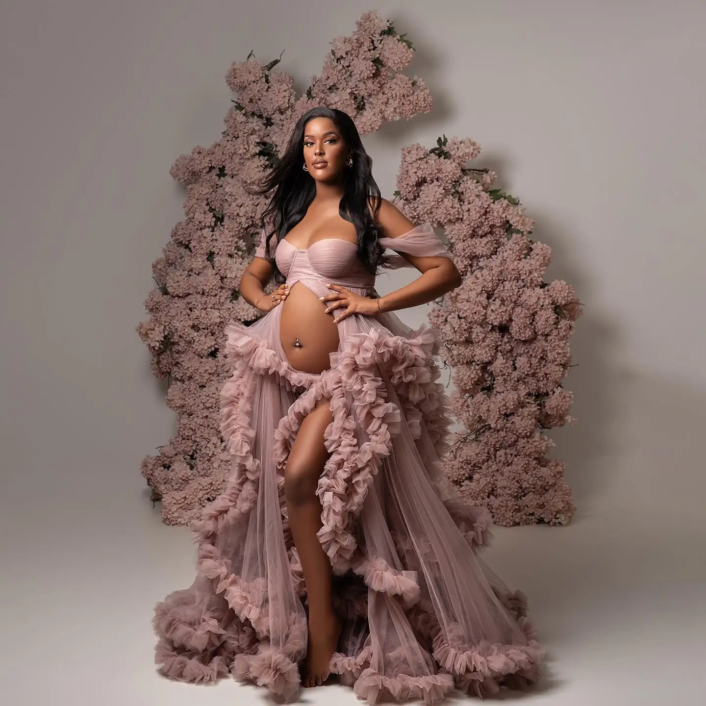 Dusty Pink Pregnant Women Maternity Robes Off the Shoulder Babyshower Gowns Puffy Ruffles Photography Dresses Customized image 6