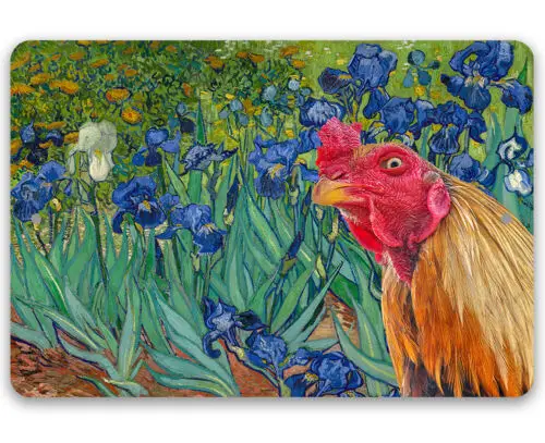 Metal Sign - Irises Painting - Interrupted by Rooster - Funny and Artsy Decor