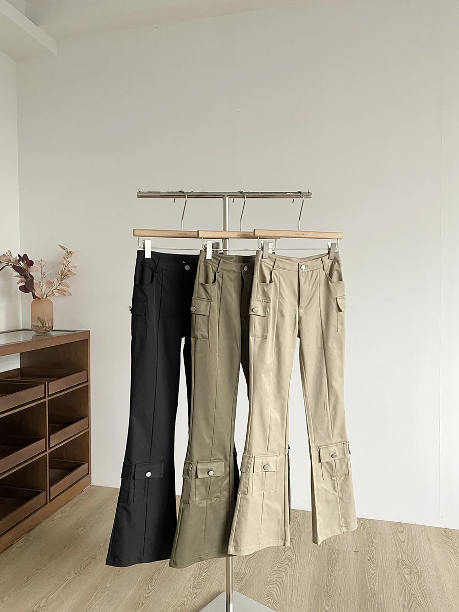 Summer 2025 High Waist Drapey Bell Bottoms Women's Fashion Retro American Style Multi Pocket Anti-Aging Workwear Pants