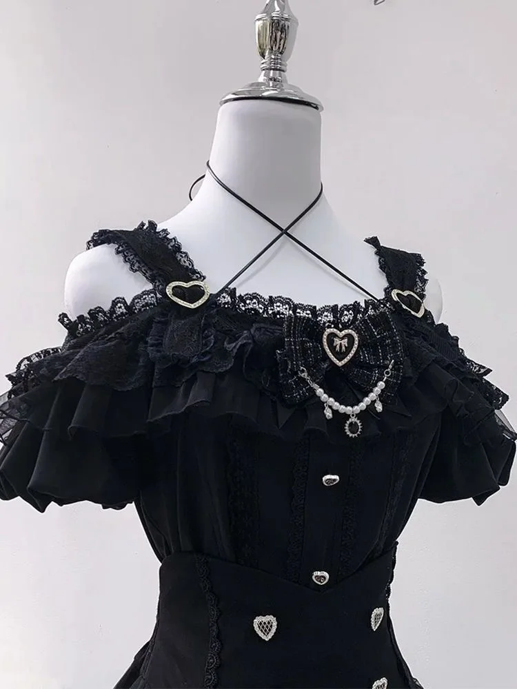GothicLolita Skirt Set Women Black Lace Ruffled High Waist Corset Top Skirt Suit Vintage Elegant French Style Maid Outfit Summer