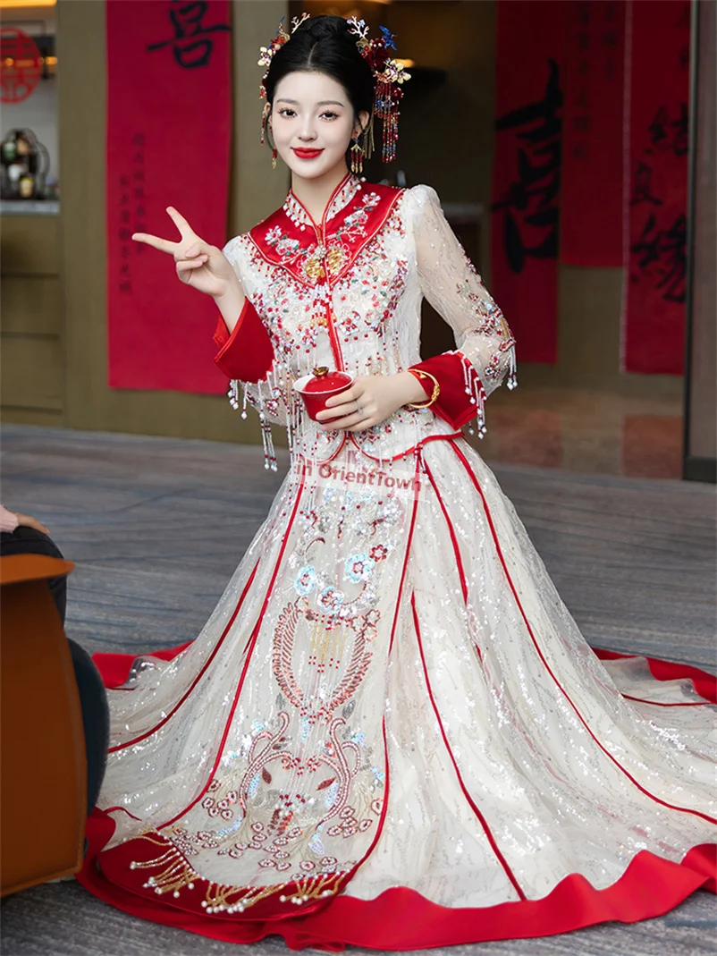 

Mandarin Collar Luxury Outfitting Dress Novelty Marriage Wedding Garment Summer Bride Chinese Trend Wedding Apparel Top + Skirt