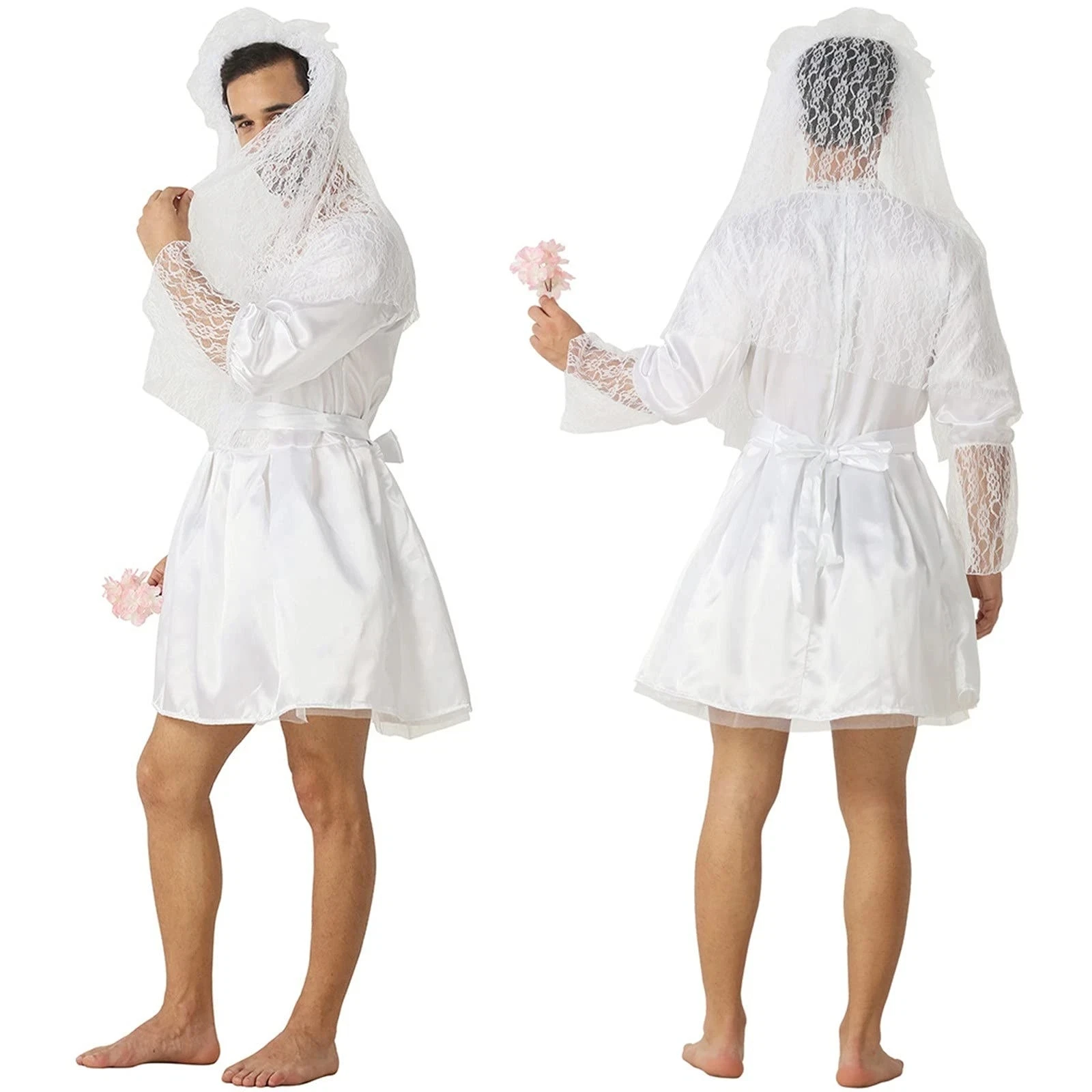 Wedding Dress - 男性用面白花嫁コスチューム、男性用女装ウェディングドレス（ベール付き）、独身者パーティー、ハロウィンカーニバル仮装