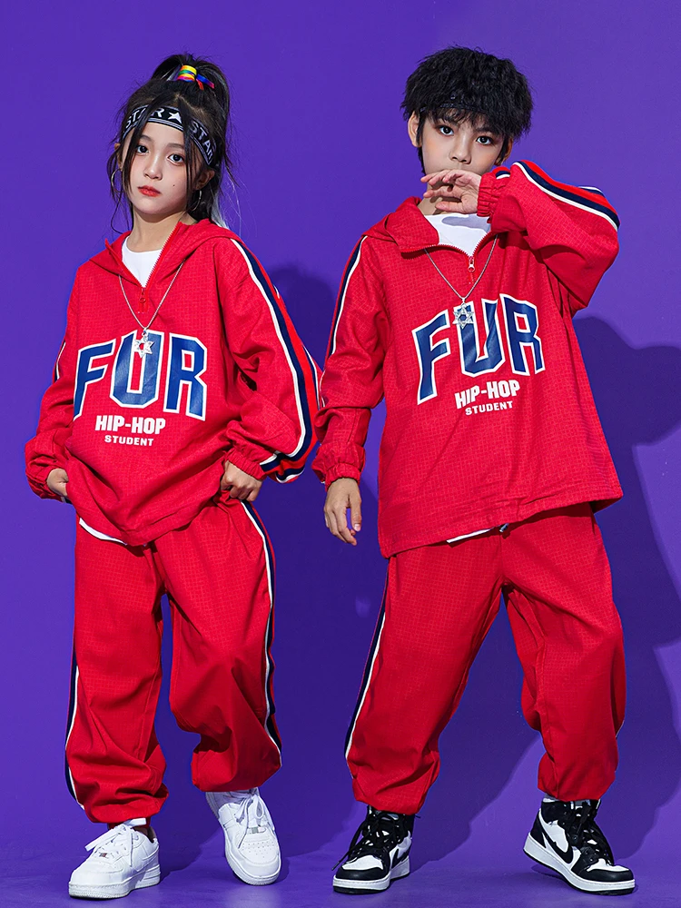 

Sleeves Boys Street Dance Concert Festival Stage Costume Fashion Kids Hooded Sweater Pants Girls Hip Hop Clothes Red Long