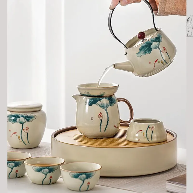 Chinese Kung Fu Tea Set, Ceramic Loop Hand Teapot Teacup, Household Teaware, 10 Pieces Set, Retro Ru Kiln Crack Glaze Porcelain