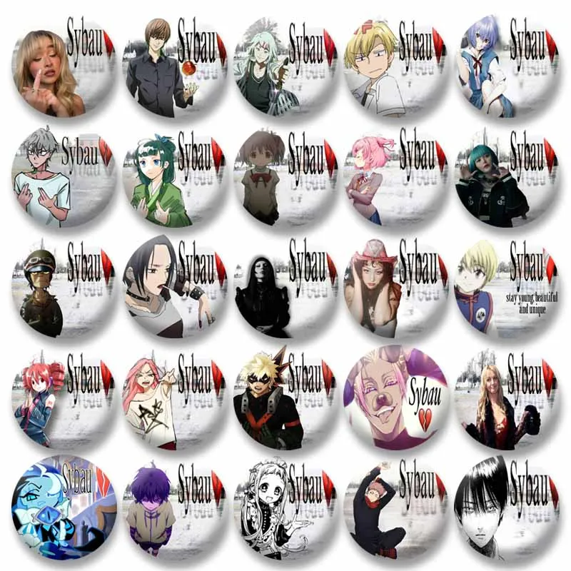 

58mm Funny Sybau Meme Badges Custom Cartoon Character Lapel Pins Handmade Round Brooches for Bag Jewelry Accessories Xmas Gift