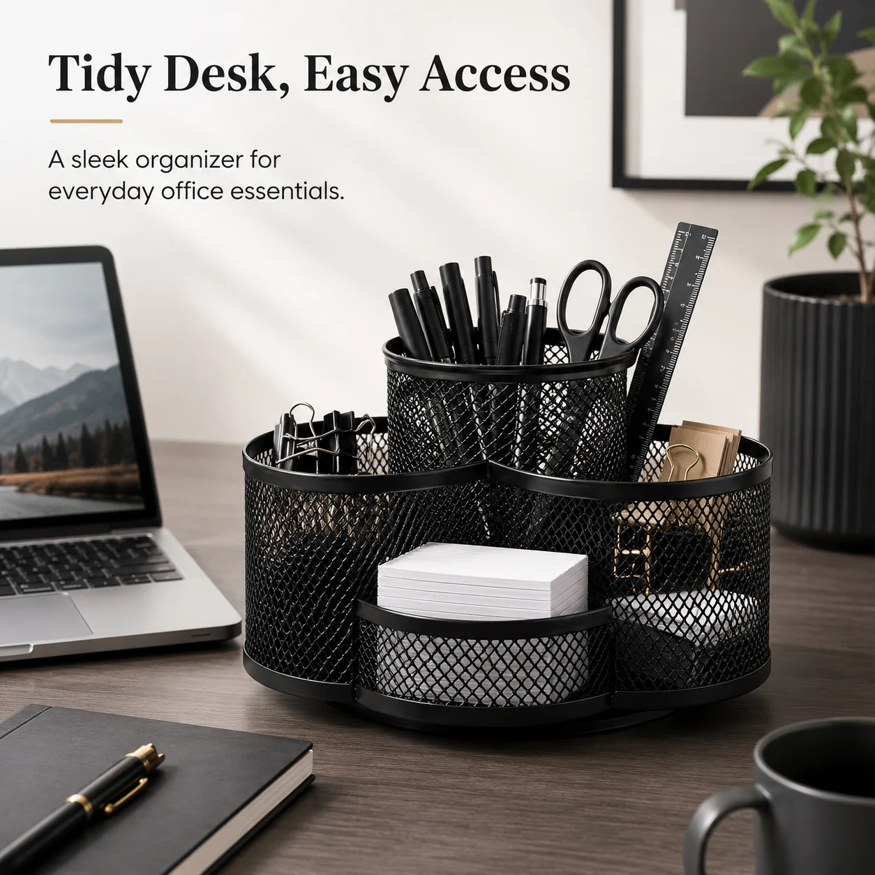 360° Rotating Desk Pen Organizer, Black Mesh Pencil Holder with 7 Compartments, Desktop Stationary Storage Caddy for Office Supp