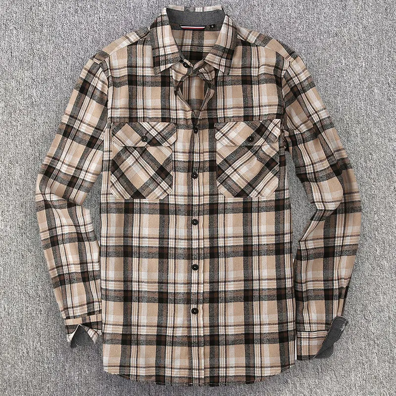 Men\'s Long Sleeve Plaid Shirt Pure Cotton Casual Front Patch Chest Pocket Regular-fit Button-down Collar Flannel Frosted Shirt