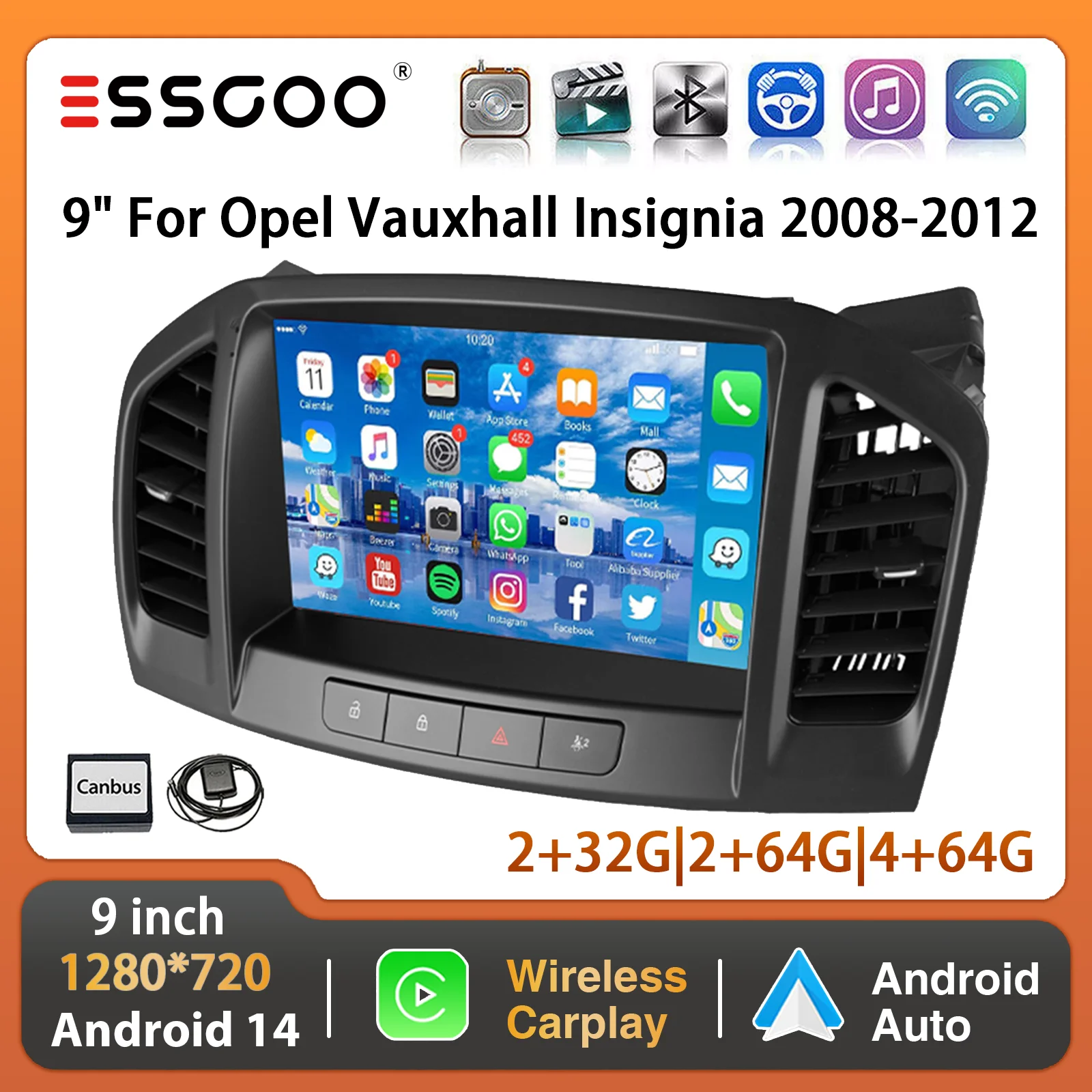 ESSGOO 9 "Android 14 Radio estéreo de coche para Opel Insignia 2008-12 inalámbrico Carplay Android Auto GPS Navi FM BT RDS SWC Mirror Link
