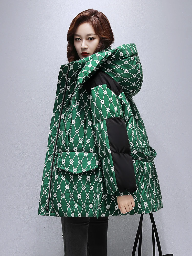 2024 Autumn Winter Fashion White Duck Down Warm Hooded Printed Coats Zipper Pockets Design Korean Casual Outerwear