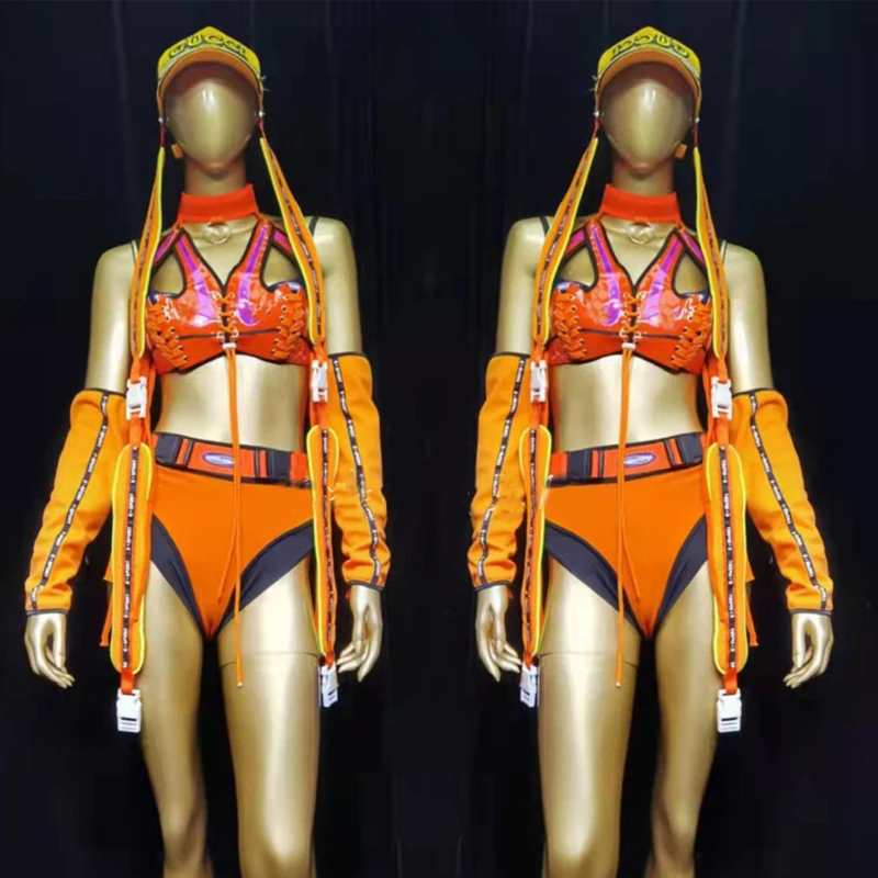 

Bar Nightclub Bar Dj Ds Gogo Costumes Women Orange Tie-Painted Patent Leather Suit Pole Dance Clothing Festival Outfit XS3703