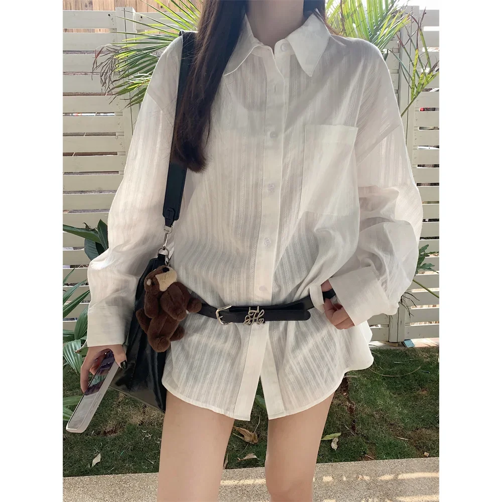 Real Shot ~ 2025 neue Frühjahr lose lässige Langarm-Shirt Damen mittlere und lange Hemdjacke + Gürtel