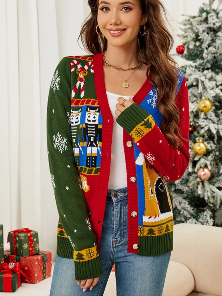 

Осенне-зимняя вязаная куртка с длинными рукавами, рождественский свитер, кардиган, рождественский свитер, модные повседневные свитера, женская одежда