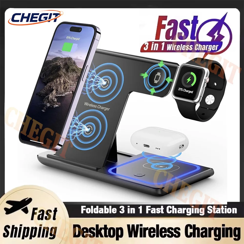 

Складная ночная светодиодная подставка для беспроводного зарядного устройства 3 в 1, подставка для iPhone, Samsung, Apple Watch, Airpods Pro, станция быстрой зарядки