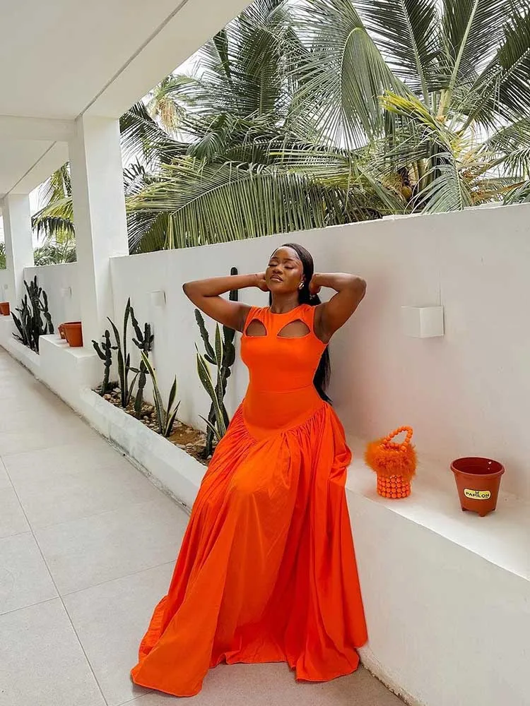 فستان طويل مجوف للنساء ، طويل ، جميل ، برتقالي ، أنيق ، حفلة ، بيع بالجملة ، دروبشيبينغ ، الصيف