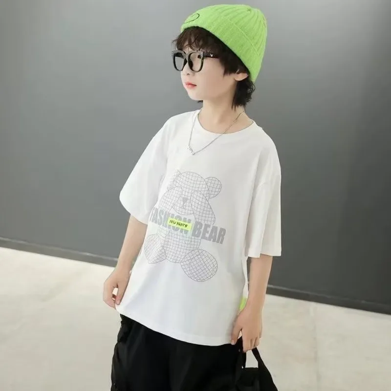 Summer Short-sleeved T-shirt 2022 New Children's Foreign Style Half-sleeved Crew Neck Printing Bear Boys Clothing White