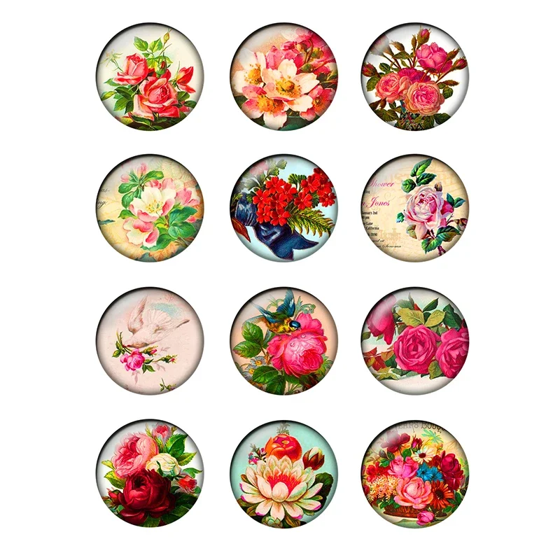 

12pcs/lot Vintage Flower Rose Pattern Glass Cabochons 12mm Glass Dome for DIY Bracelet Jewelry Making Findings & Components T146