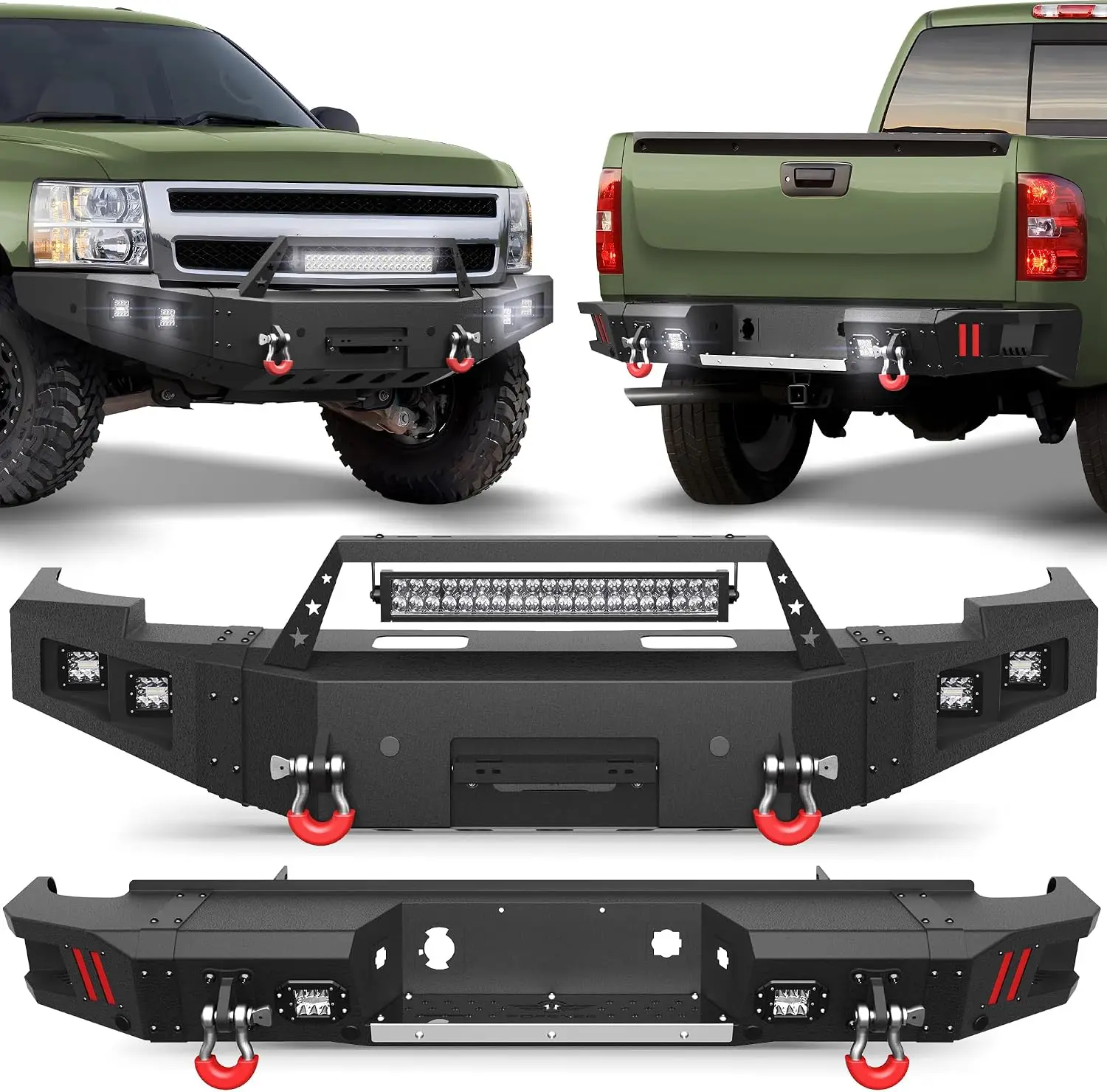 Front Rear Bumper Set for 2007-2013 Chevy Silverado 1500 Off-Road Pickup Truck Steel Bumper with Winch Plate LED Lights D-Rings