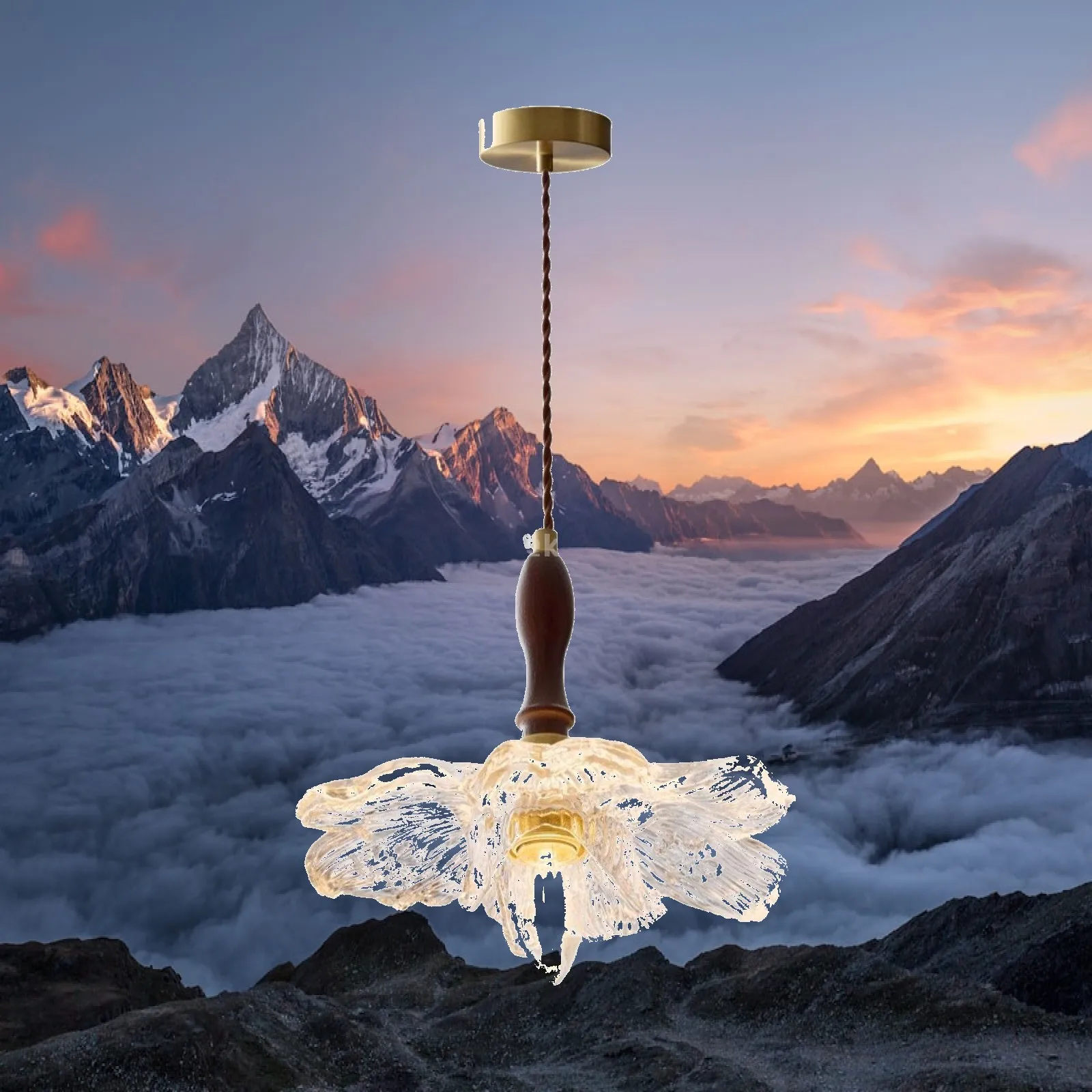 Modern Vintage Ceiling Pendant Light Glass Flower Shade Wooden Copper Accent for Dining Room Kitchen Island Bar Counter