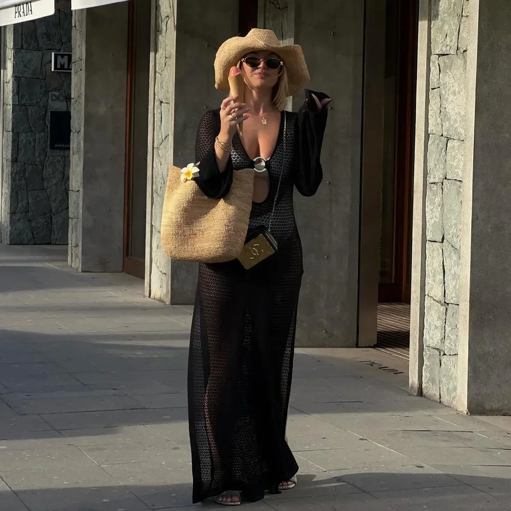 Stroje plażowe damskie 2024, dziergane, seksowne, prześwitujące sukienki letnie, dopasowane, eleganckie, z długim rękawem, narzutki na bikini.