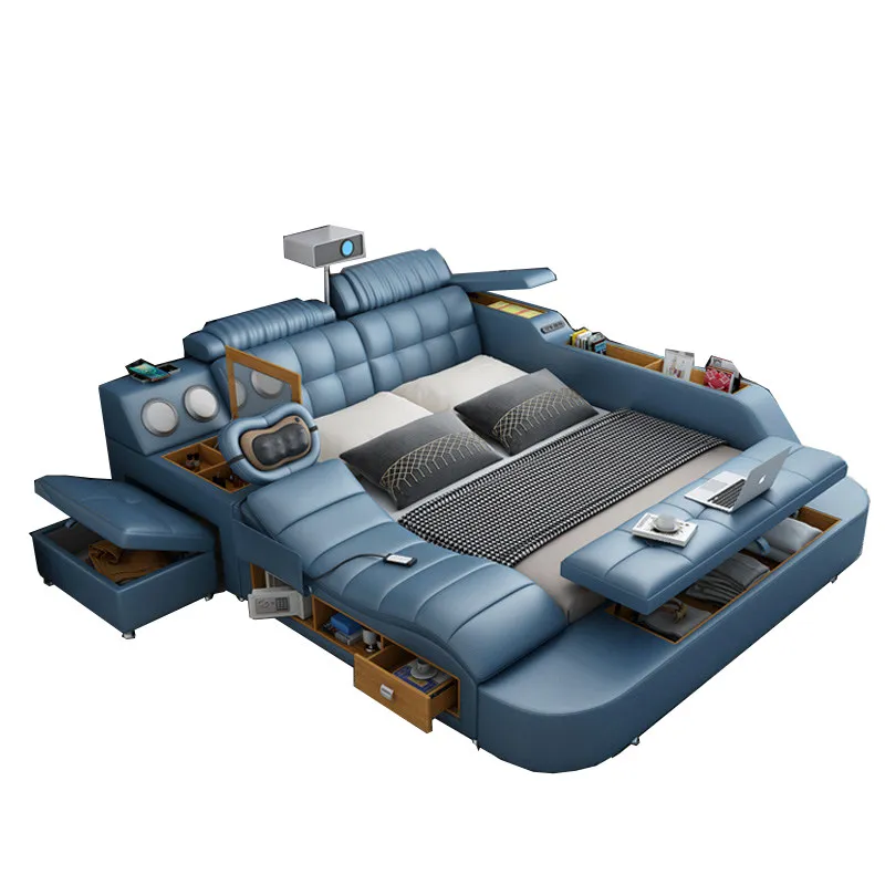 

bedroom modern simple leather bed double bed intelligent multi-functional massage projection storage wedding bed