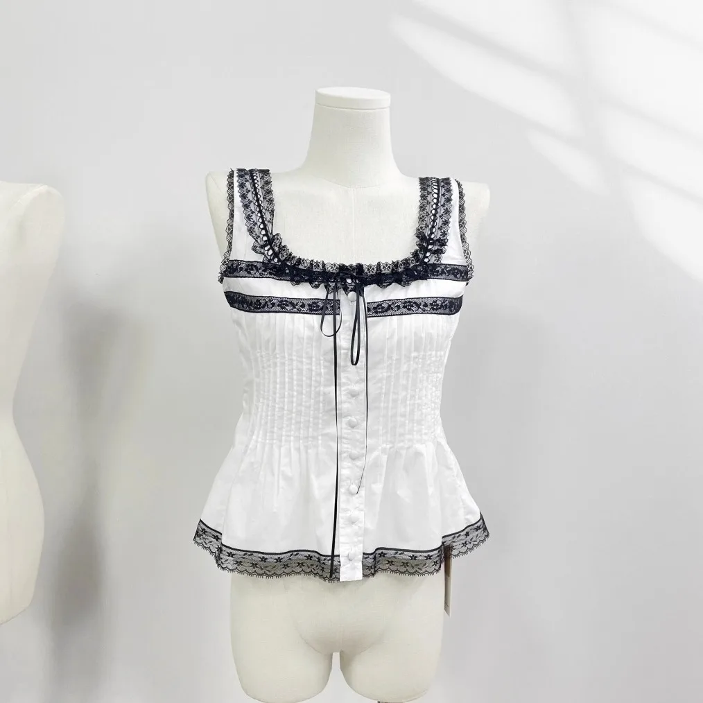 

Yuanzi Laisai, хлопковая майка с рюшами и кружевной отделкой, женская летняя новинка Sle Vaion, уникальная цветная блузка Svel irt для поездок на работу