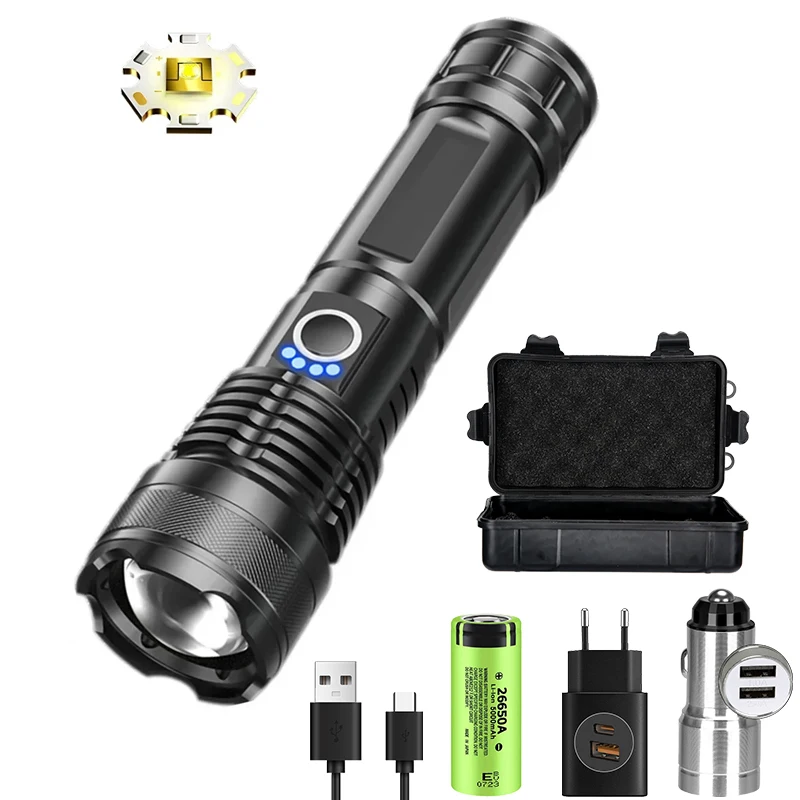 90000lm High Power Xhp50 Led Zaklamp Oplaadbare Zaklamp Zoom Usb Hand Lantaarn Camping Buiten Waterdicht Noodgeval