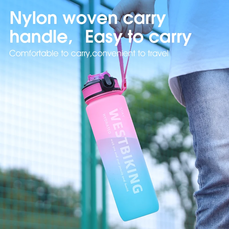 WEST BIKING 1000ML Gradient Sports Water Bottle BPA Free Portable Leakproof Outdoor Cycling Running Gym Water Cup With Straw