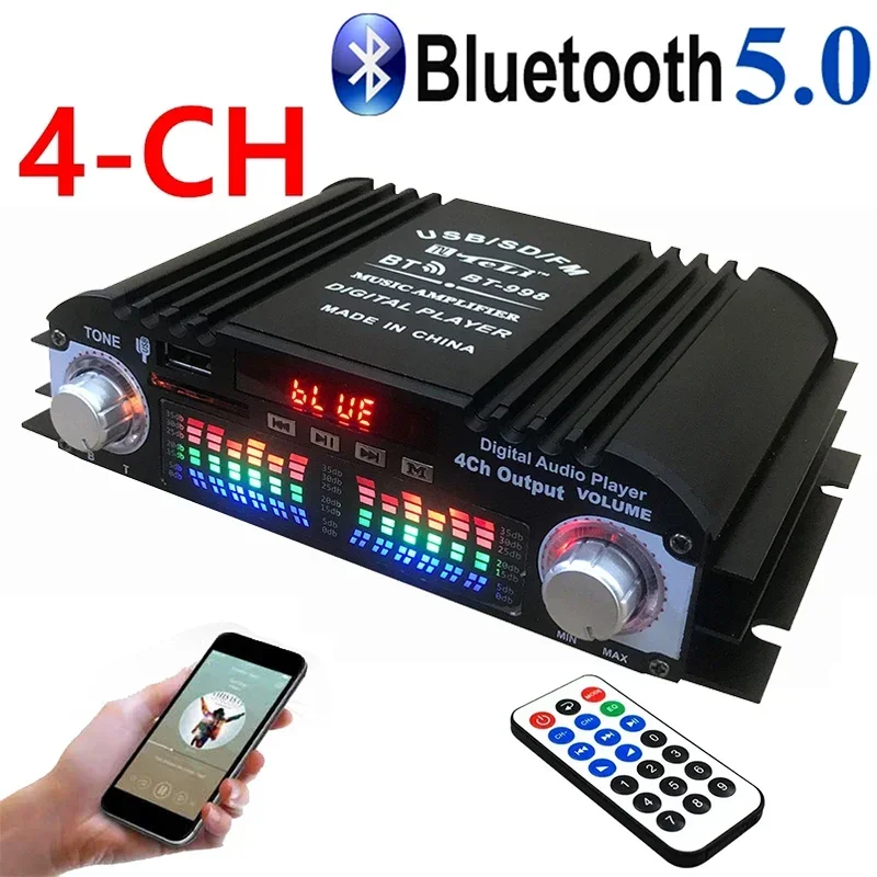 

BT-998 Hi-Fi аудио домашние цифровые усилители с FM-радио U-считыватель карт 12 В 4-канальный автомобильный усилитель мощности с дистанционным управлением