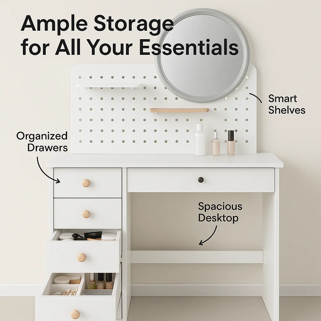 Dressing table, dressing table with mirror, bedroom table with drawers and open pegboard, bathroom  table