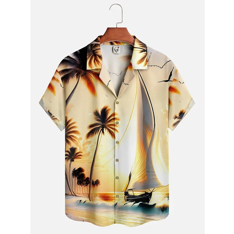 Men's Hawaii Summer Dusk Pattern Casual Shirt 3D Beach Funny Short Sleeve Womens Clothes Blouse New Hot Sale Floral Y2k Tops5XL