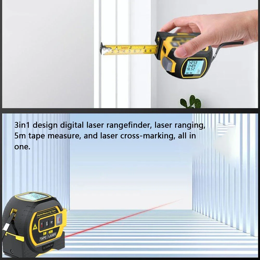 3in1 Laser Rangefinder 5m Tape Measure Ruler LCD Display with Backlight Distance Meter Building Area Volumes Measurement Device