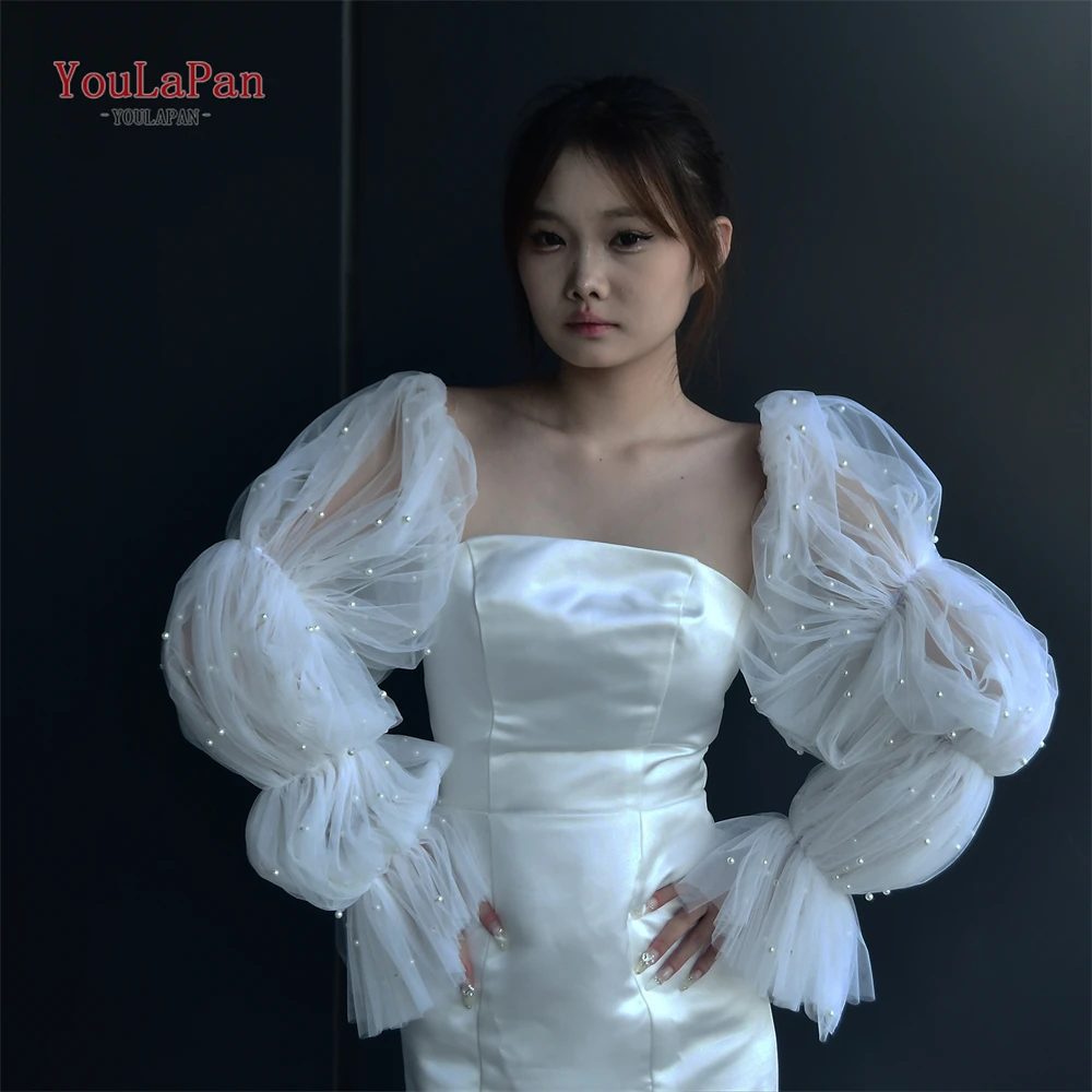 YouLaPan Bridal Long Sleeve Women's Arm Sleeves for Wedding Dress Wedding Puff Sleeve Pearls Oversize Long See-Through VM28  DIY